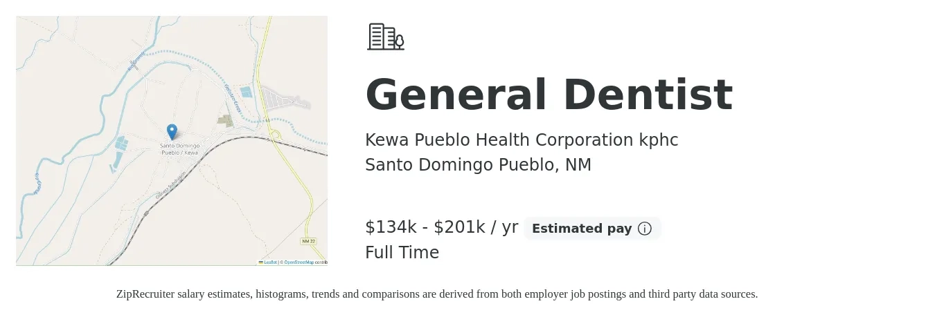 Kewa Pueblo Health Corporation kphc job posting for a General Dentist in Santo Domingo Pueblo, NM with a salary of $134,292 to $201,437 Yearly with a map of Santo Domingo Pueblo location.