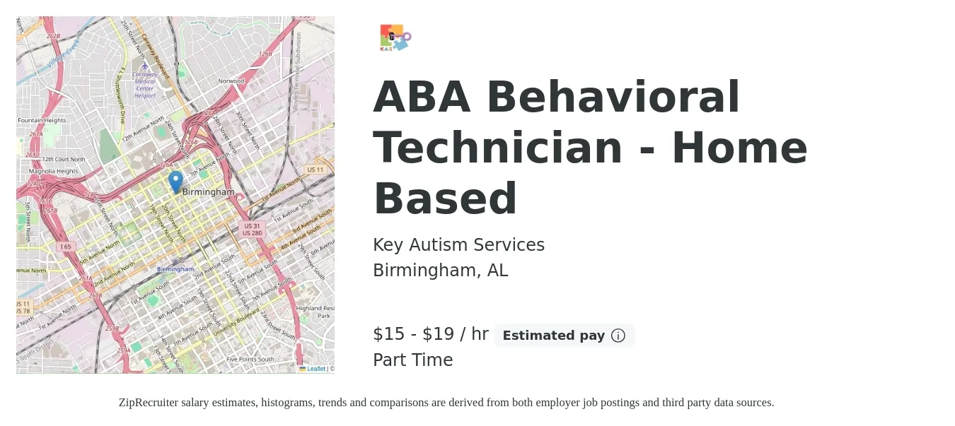 Key Autism Services job posting for a ABA Behavioral Technician - Home Based in Birmingham, AL with a salary of $16 to $20 Hourly with a map of Birmingham location.