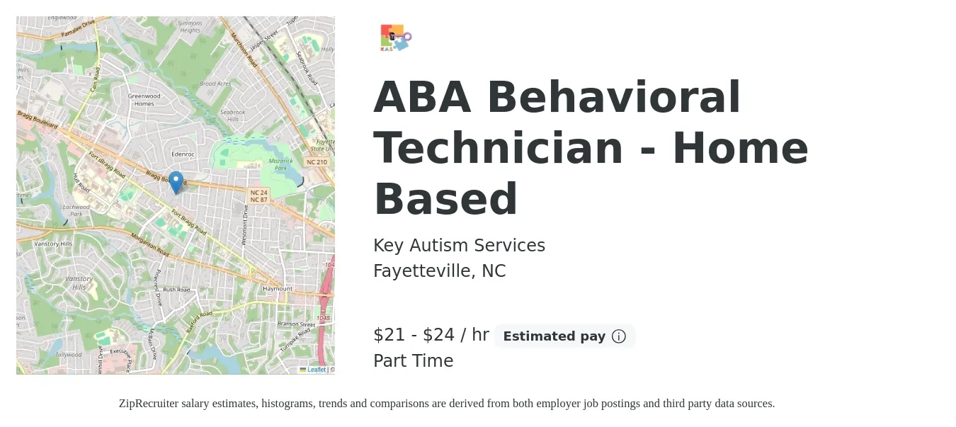 Key Autism Services job posting for a ABA Behavioral Technician - Home Based in Fayetteville, NC with a salary of $22 to $25 Hourly with a map of Fayetteville location.
