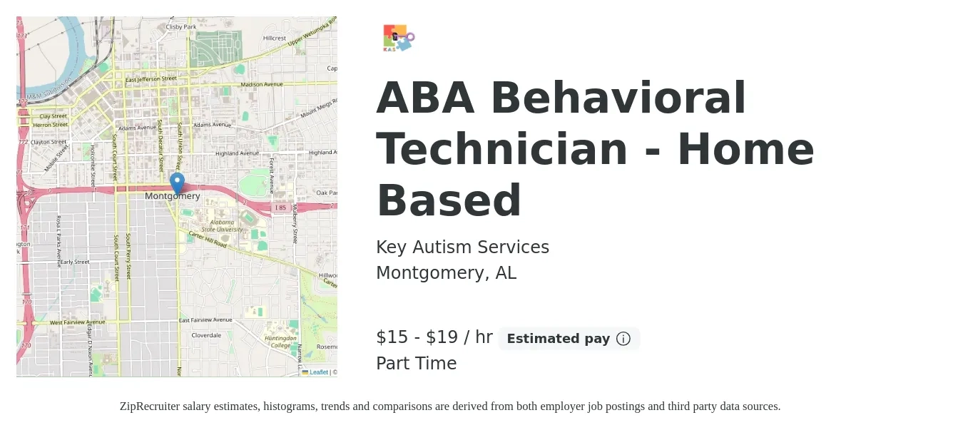 Key Autism Services job posting for a ABA Behavioral Technician - Home Based in Montgomery, AL with a salary of $16 to $20 Hourly with a map of Montgomery location.