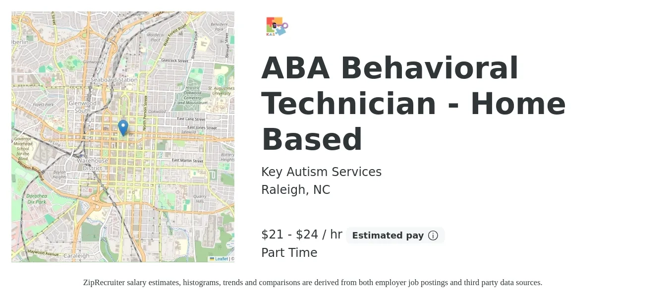 Key Autism Services job posting for a ABA Behavioral Technician - Home Based in Raleigh, NC with a salary of $22 to $25 Hourly with a map of Raleigh location.