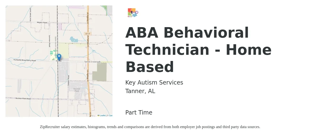 Key Autism Services job posting for a ABA Behavioral Technician - Home Based in Tanner, AL with a salary of $16 to $20 Hourly with a map of Tanner location.