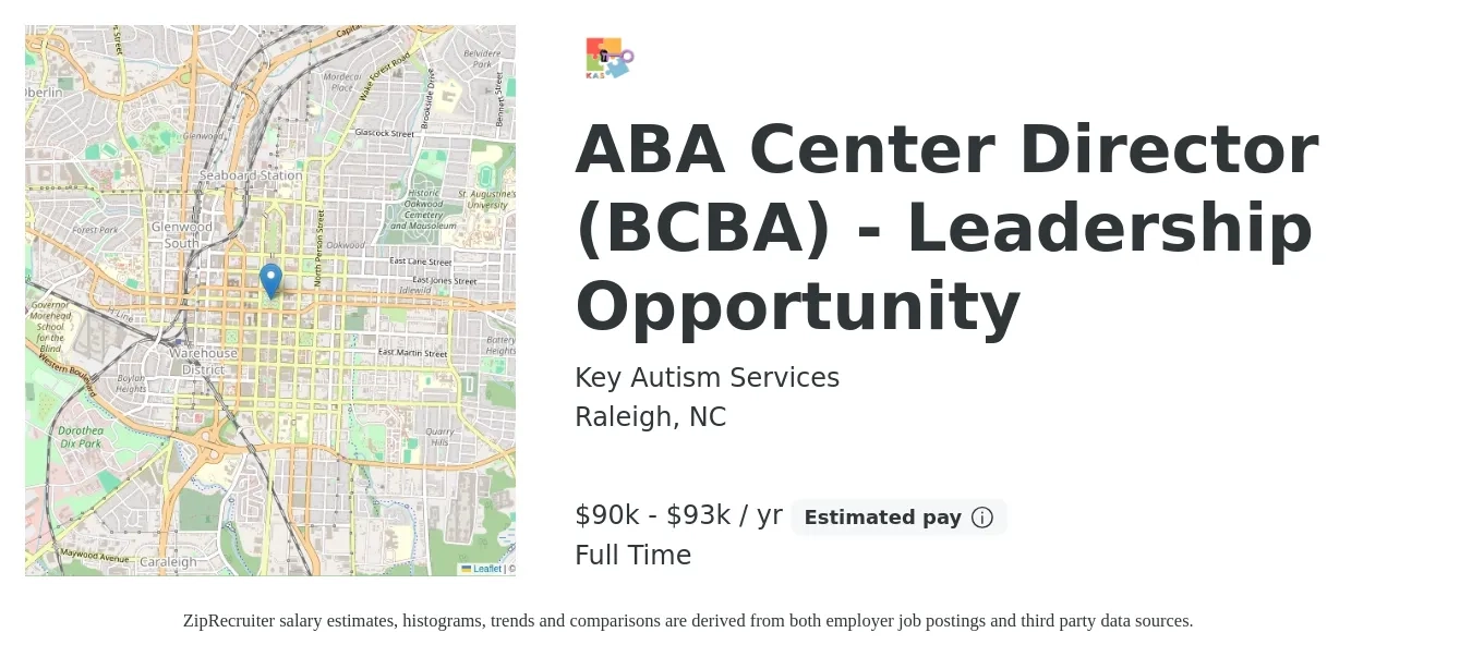 Key Autism Services job posting for a ABA Center Director (BCBA) - Leadership Opportunity in Raleigh, NC with a salary of $90,000 to $93,000 Yearly with a map of Raleigh location.
