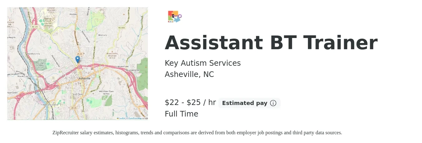Key Autism Services job posting for a Assistant BT Trainer in Asheville, NC with a salary of $23 to $26 Hourly with a map of Asheville location.