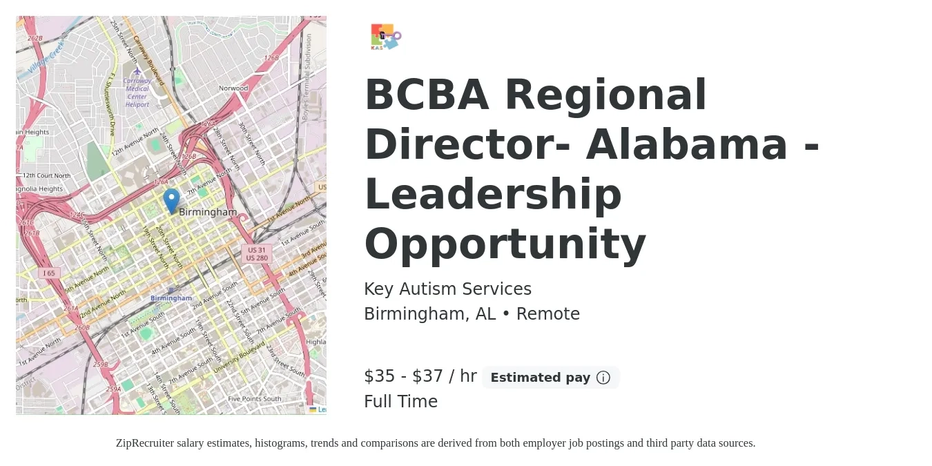 Key Autism Services job posting for a BCBA Regional Director- Alabama - Leadership Opportunity in Birmingham, AL with a salary of $77,000 to $82,000 Yearly with a map of Birmingham location.