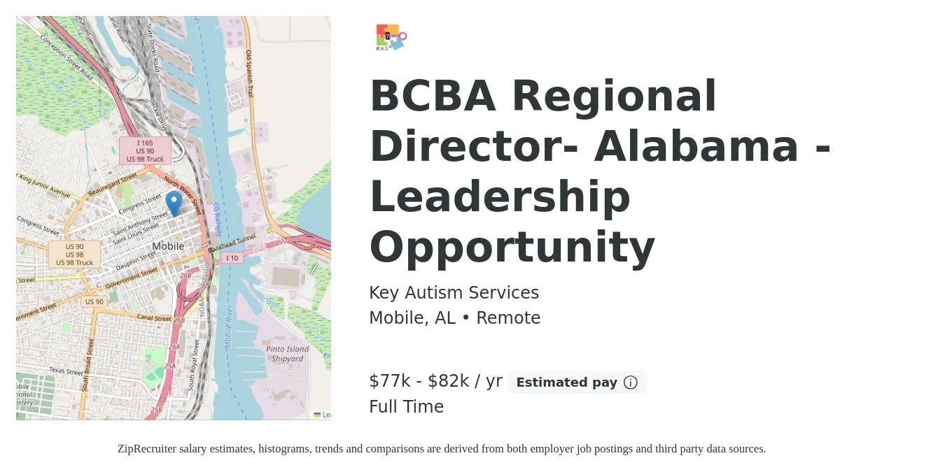 Key Autism Services job posting for a BCBA Regional Director- Alabama - Leadership Opportunity in Mobile, AL with a salary of $77,000 to $82,000 Yearly with a map of Mobile location.