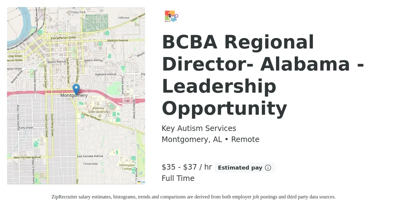 Key Autism Services job posting for a BCBA Regional Director- Alabama - Leadership Opportunity in Montgomery, AL with a salary of $77,000 to $82,000 Yearly with a map of Montgomery location.
