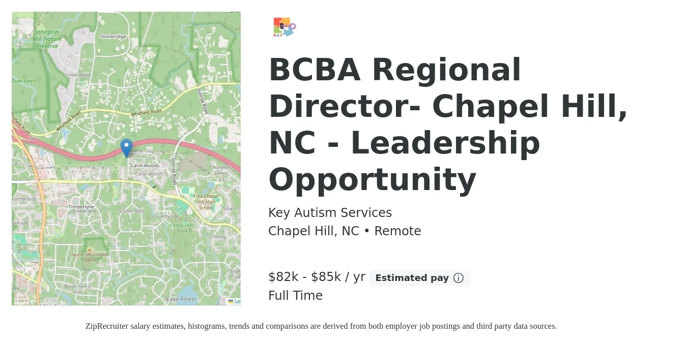 Key Autism Services job posting for a BCBA Regional Director- Chapel Hill, NC - Leadership Opportunity in Chapel Hill, NC with a salary of $82,000 to $85,000 Yearly with a map of Chapel Hill location.