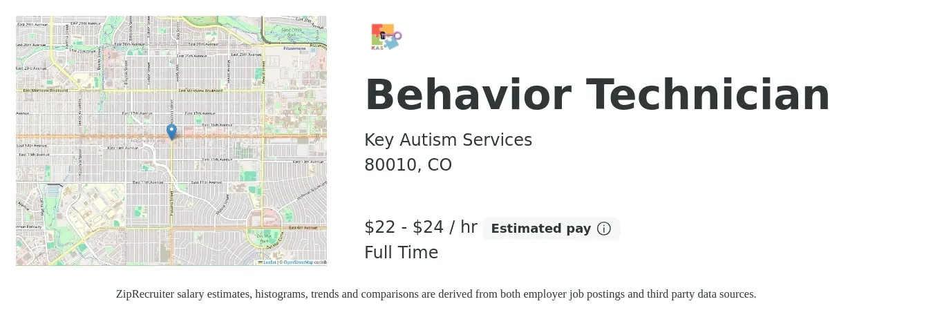 Key Autism Services job posting for a Behavior Technician in 80010, CO with a salary of $23 to $25 Hourly with a map of 80010 location.