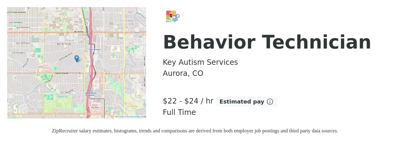 Key Autism Services job posting for a Behavior Technician in Aurora, CO with a salary of $22 to $24 Hourly with a map of Aurora location.