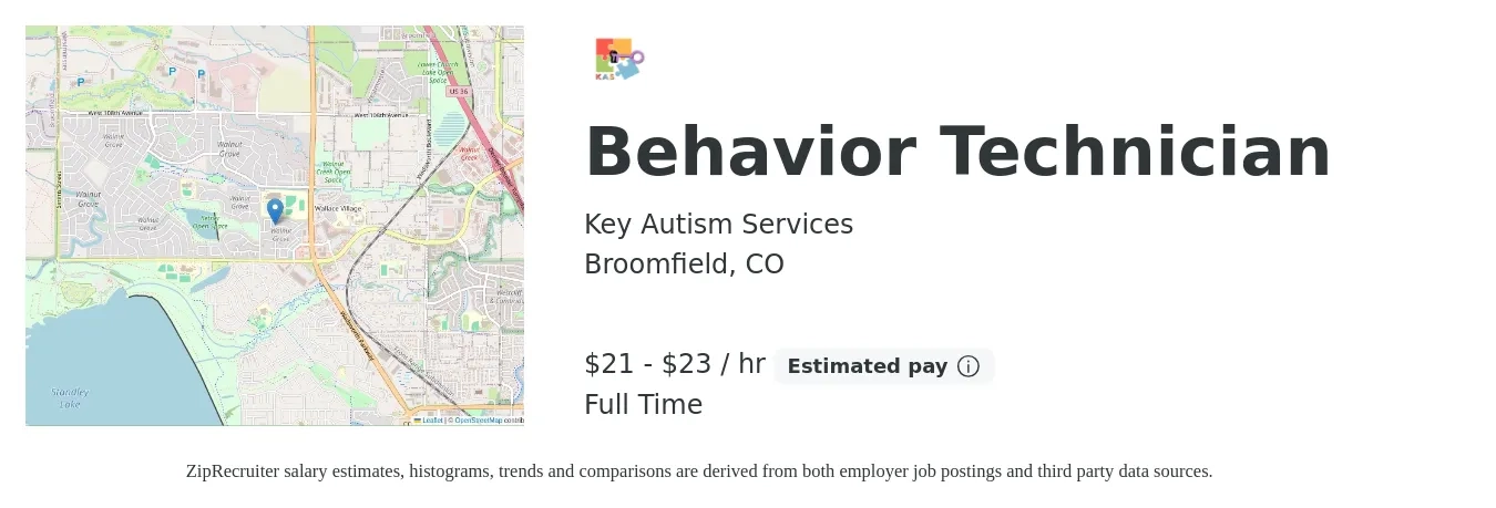 Key Autism Services job posting for a Behavior Technician in Broomfield, CO with a salary of $23 to $25 Hourly with a map of Broomfield location.