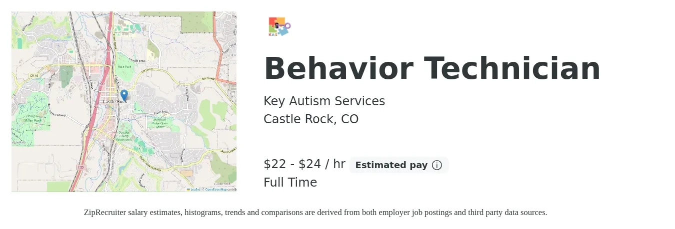 Key Autism Services job posting for a Behavior Technician in Castle Rock, CO with a salary of $23 to $25 Hourly with a map of Castle Rock location.