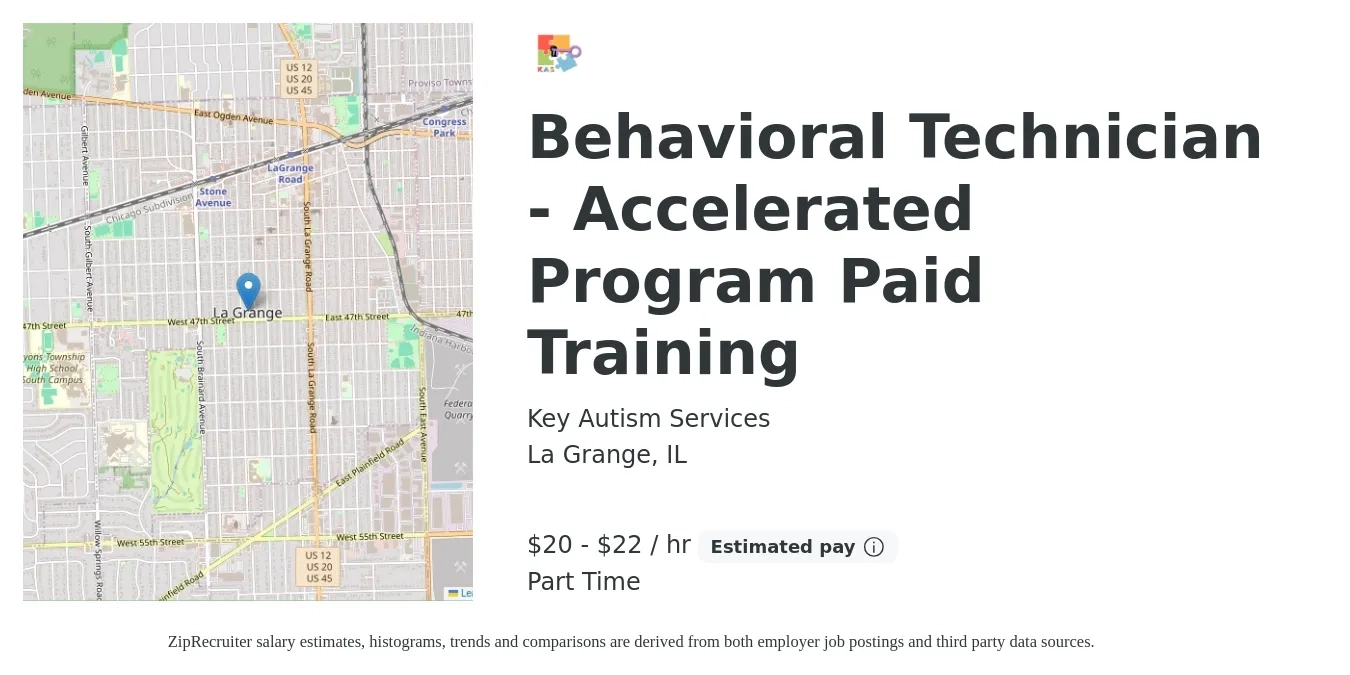 Key Autism Services job posting for a Behavioral Technician - Accelerated Program Paid Training in La Grange, IL with a salary of $21 to $23 Hourly with a map of La Grange location.