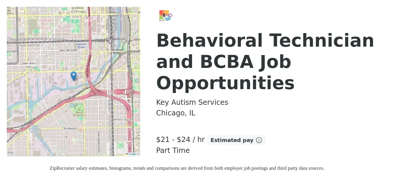 Key Autism Services job posting for a Behavioral Technician and BCBA Job Opportunities in Chicago, IL with a salary of $22 to $25 Hourly with a map of Chicago location.