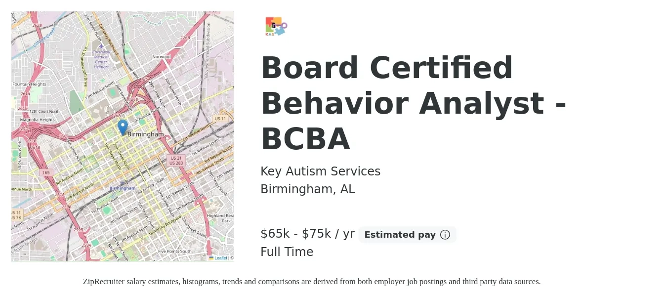 Key Autism Services job posting for a Board Certified Behavior Analyst - BCBA in Birmingham, AL with a salary of $65,000 to $75,000 Yearly with a map of Birmingham location.