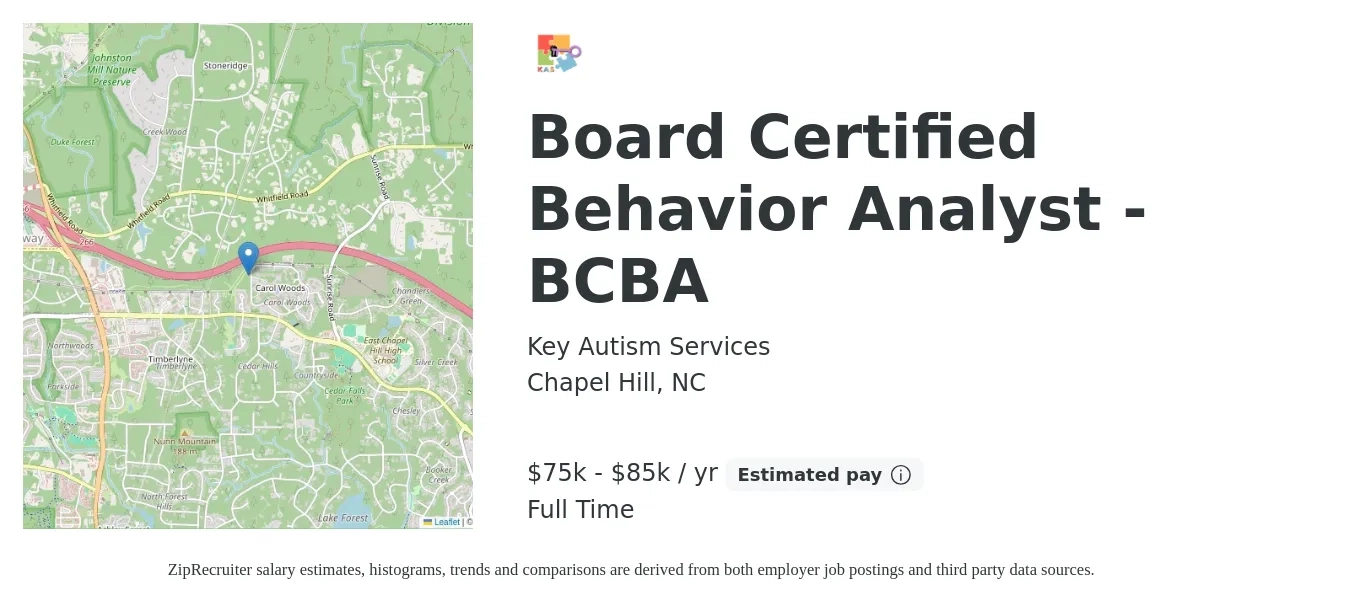 Key Autism Services job posting for a Board Certified Behavior Analyst - BCBA in Chapel Hill, NC with a salary of $60 to $70 Hourly with a map of Chapel Hill location.