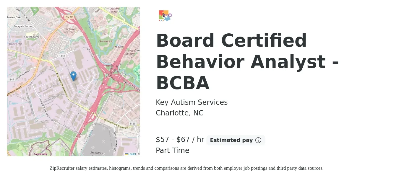 Key Autism Services job posting for a Board Certified Behavior Analyst - BCBA in Charlotte, NC with a salary of $60 to $70 Hourly with a map of Charlotte location.