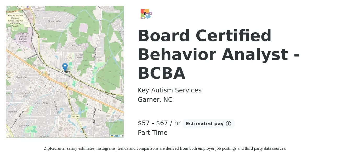 Key Autism Services job posting for a Board Certified Behavior Analyst - BCBA in Garner, NC with a salary of $60 to $70 Hourly with a map of Garner location.