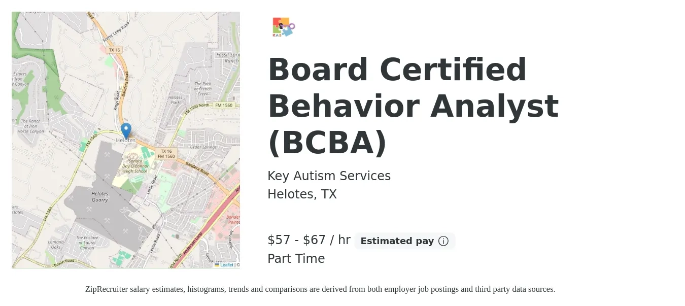 Key Autism Services job posting for a Board Certified Behavior Analyst (BCBA) in Helotes, TX with a salary of $60 to $70 Hourly with a map of Helotes location.