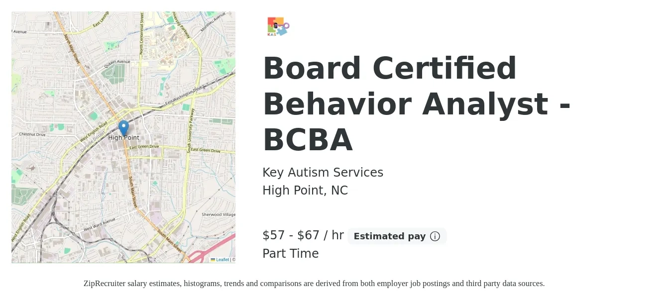Key Autism Services job posting for a Board Certified Behavior Analyst - BCBA in High Point, NC with a salary of $60 to $70 Hourly with a map of High Point location.
