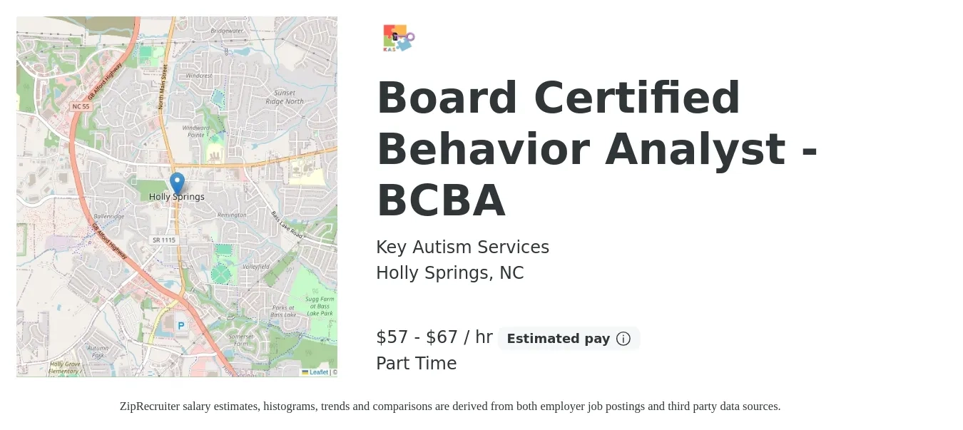 Key Autism Services job posting for a Board Certified Behavior Analyst - BCBA in Holly Springs, NC with a salary of $75,000 to $85,000 Yearly with a map of Holly Springs location.
