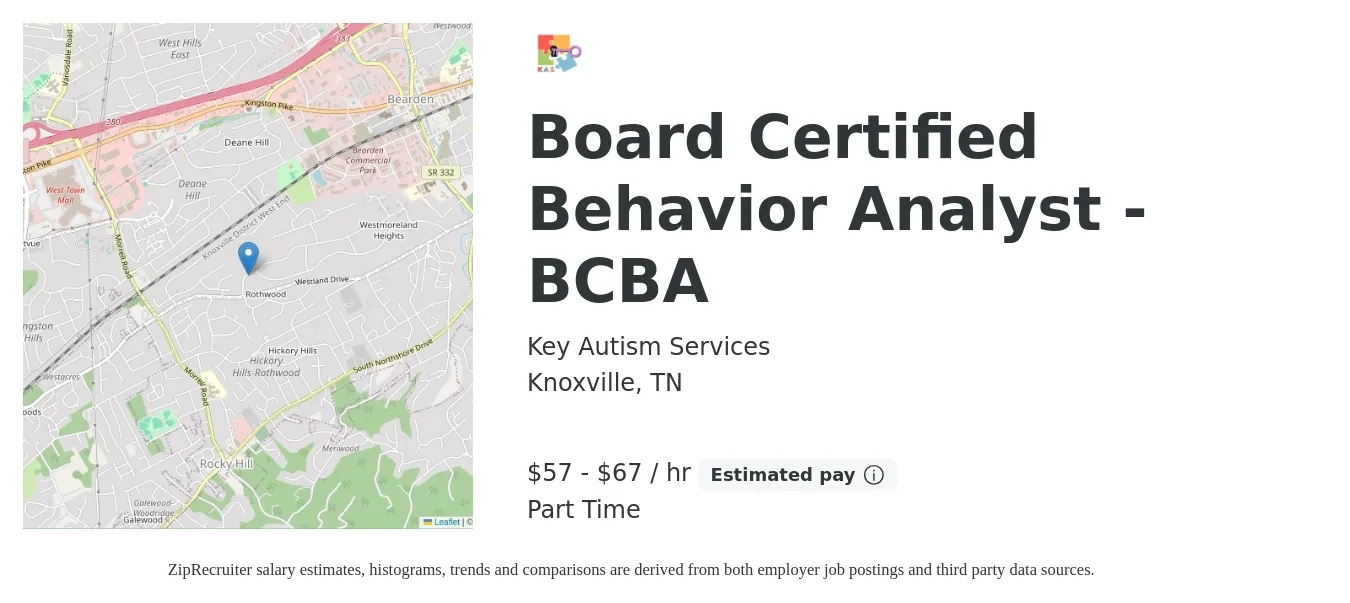 Key Autism Services job posting for a Board Certified Behavior Analyst - BCBA in Knoxville, TN with a salary of $70,000 to $80,000 Yearly with a map of Knoxville location.