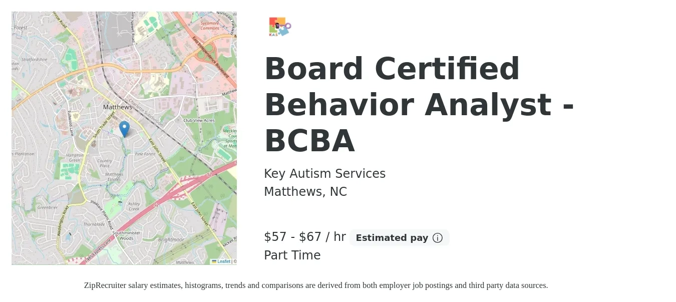 Key Autism Services job posting for a Board Certified Behavior Analyst - BCBA in Matthews, NC with a salary of $75,000 to $85,000 Yearly with a map of Matthews location.