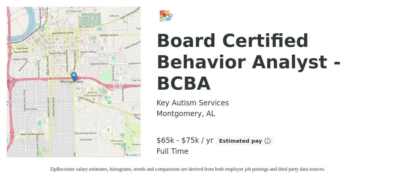 Key Autism Services job posting for a Board Certified Behavior Analyst - BCBA in Montgomery, AL with a salary of $65,000 to $75,000 Yearly with a map of Montgomery location.