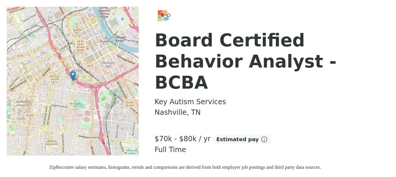 Key Autism Services job posting for a Board Certified Behavior Analyst - BCBA in Nashville, TN with a salary of $70,000 to $80,000 Yearly with a map of Nashville location.