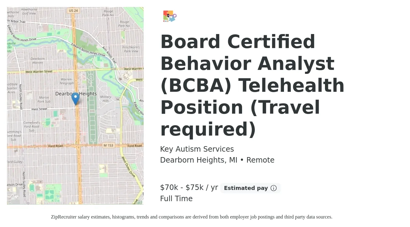 Key Autism Services job posting for a Board Certified Behavior Analyst (BCBA) Telehealth Position (Travel required) in Dearborn Heights, MI with a salary of $70,000 to $75,000 Yearly with a map of Dearborn Heights location.