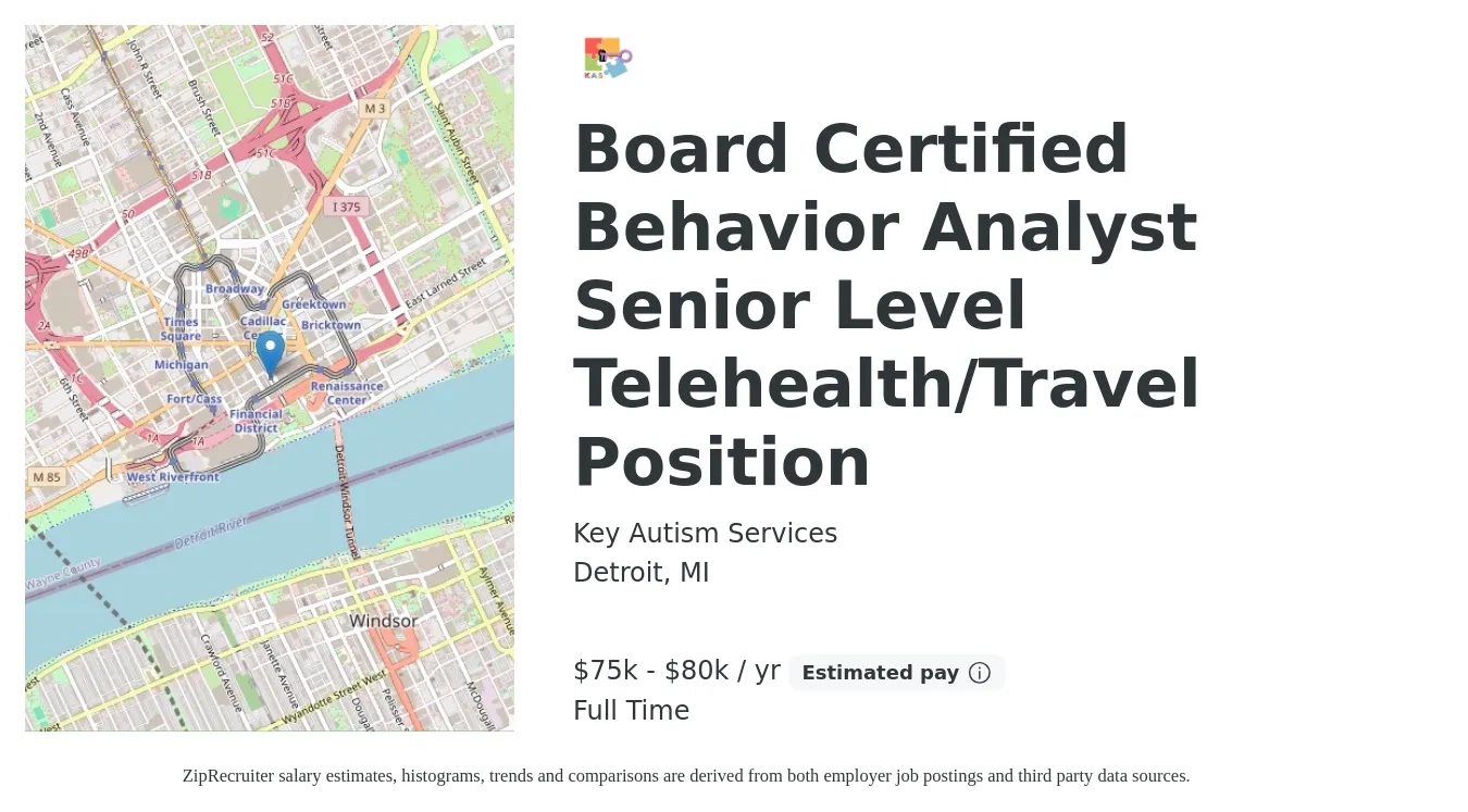 Key Autism Services job posting for a Board Certified Behavior Analyst Senior Level Telehealth/Travel Position in Detroit, MI with a salary of $75,000 to $80,000 Yearly with a map of Detroit location.