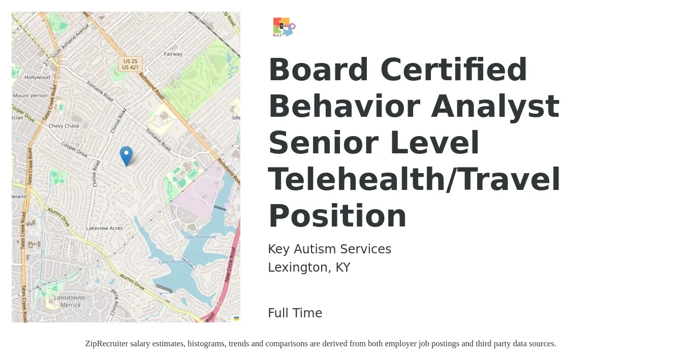 Key Autism Services job posting for a Board Certified Behavior Analyst Senior Level Telehealth/Travel Position in Lexington, KY with a salary of $75,000 to $80,000 Yearly with a map of Lexington location.