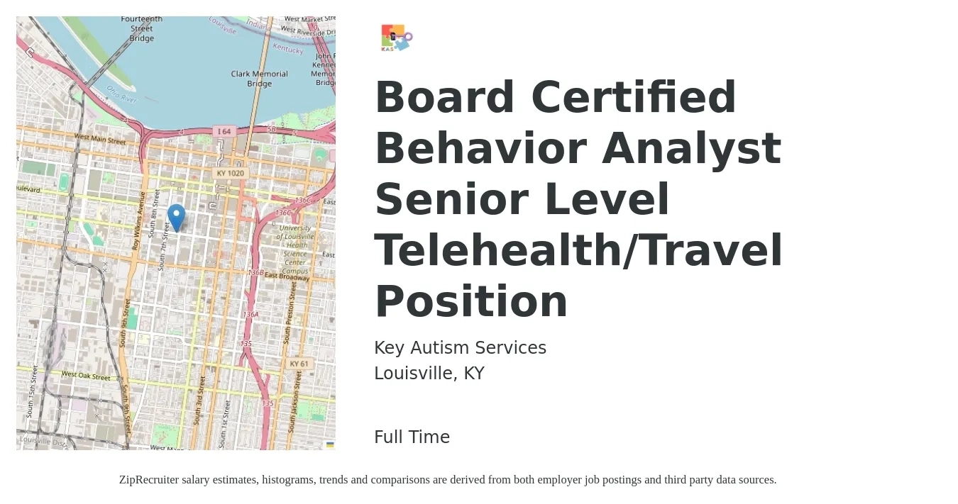 Key Autism Services job posting for a Board Certified Behavior Analyst Senior Level Telehealth/Travel Position in Louisville, KY with a salary of $67,700 to $82,800 Yearly with a map of Louisville location.