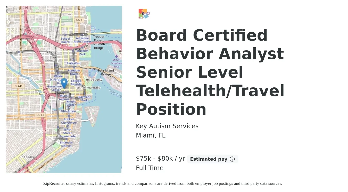 Key Autism Services job posting for a Board Certified Behavior Analyst Senior Level Telehealth/Travel Position in Miami, FL with a salary of $75,000 to $80,000 Yearly with a map of Miami location.