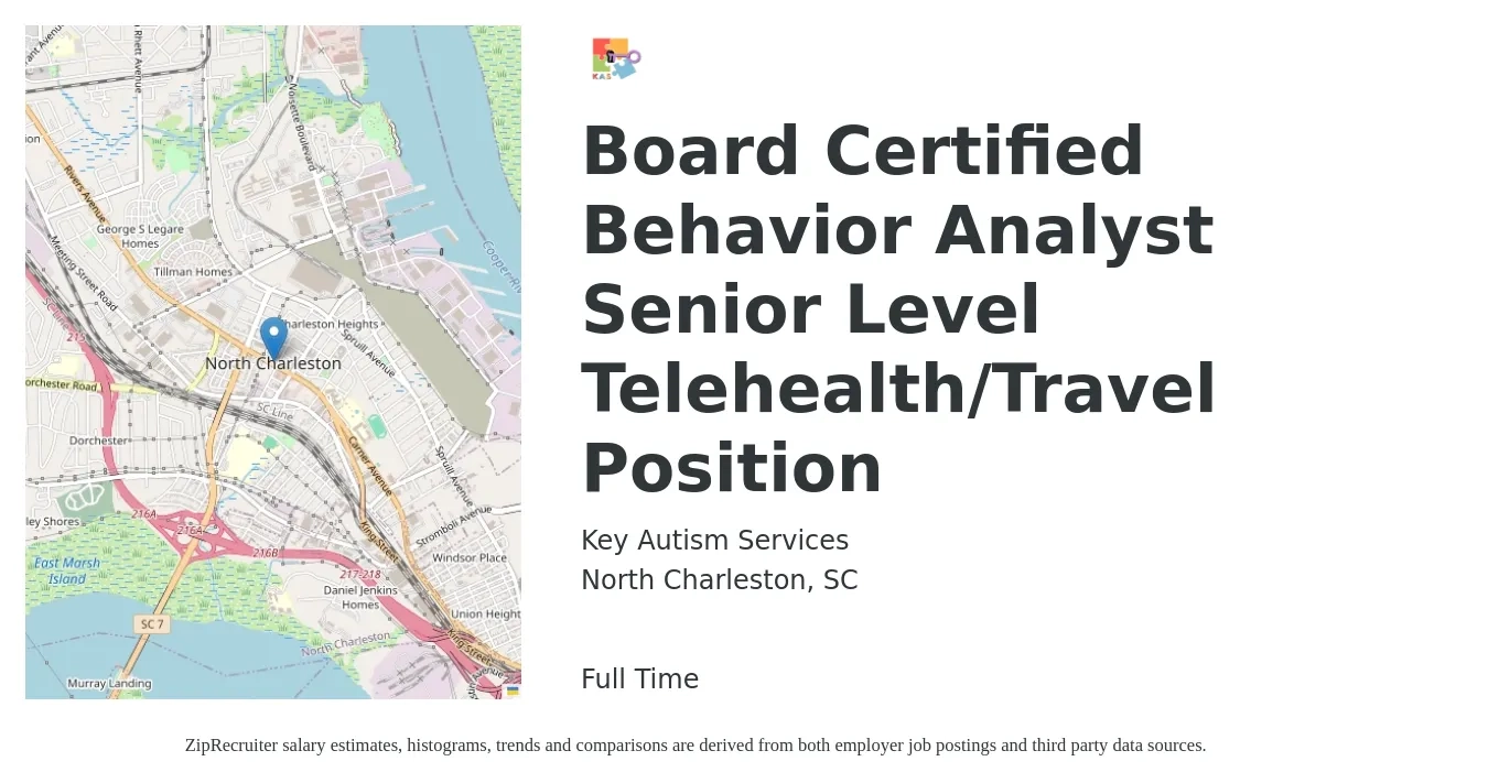 Key Autism Services job posting for a Board Certified Behavior Analyst Senior Level Telehealth/Travel Position in North Charleston, SC with a salary of $70,600 to $86,300 Yearly with a map of North Charleston location.