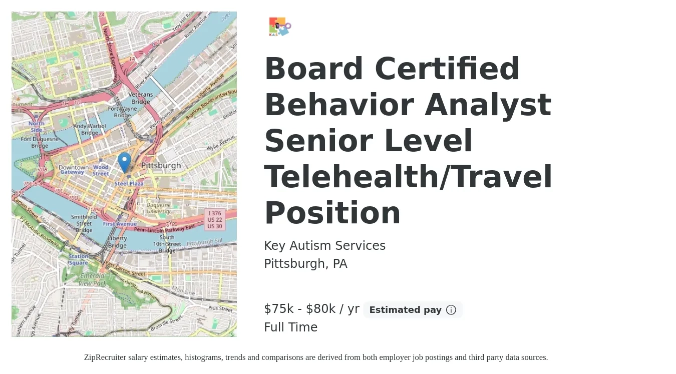 Key Autism Services job posting for a Board Certified Behavior Analyst Senior Level Telehealth/Travel Position in Pittsburgh, PA with a salary of $75,000 to $80,000 Yearly with a map of Pittsburgh location.