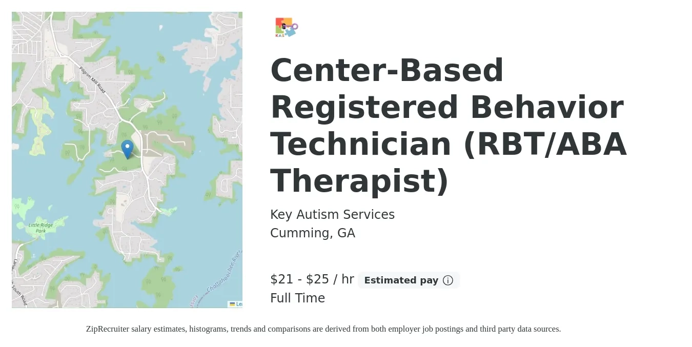 Key Autism Services job posting for a Center-Based Registered Behavior Technician (RBT/ABA Therapist) in Cumming, GA with a salary of $22 to $26 Hourly with a map of Cumming location.