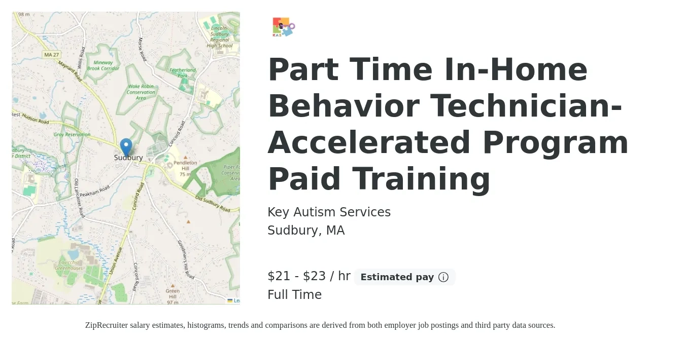 Key Autism Services job posting for a Part Time In-Home Behavior Technician- Accelerated Program Paid Training in Sudbury, MA with a salary of $22 to $24 Hourly with a map of Sudbury location.