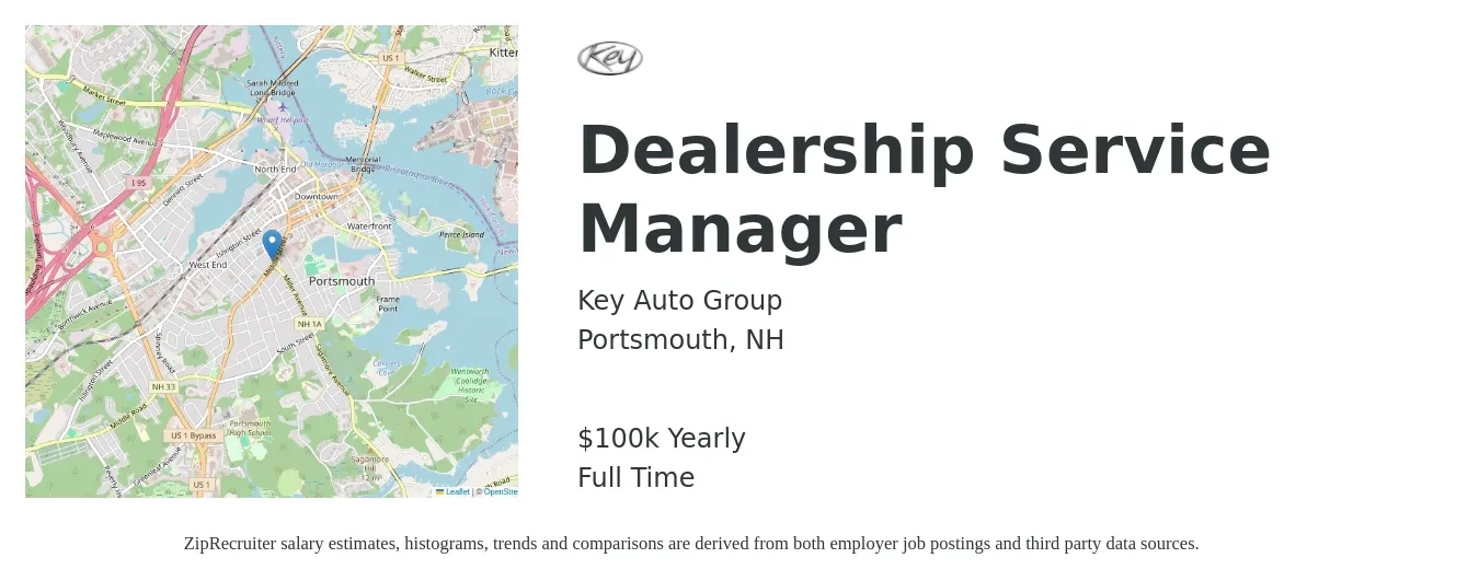 Key Auto Group job posting for a Dealership Service Manager in Portsmouth, NH with a salary of $100,000 Yearly with a map of Portsmouth location.