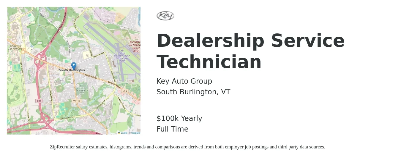 Key Auto Group job posting for a Dealership Service Technician in South Burlington, VT with a salary of $100,000 Yearly with a map of South Burlington location.
