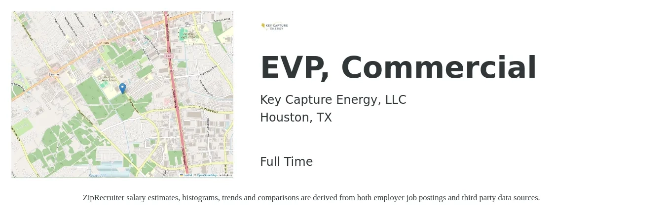 Key Capture Energy, LLC job posting for a EVP, Commercial in Houston, TX with a salary of $106,000 to $150,400 Yearly with a map of Houston location.