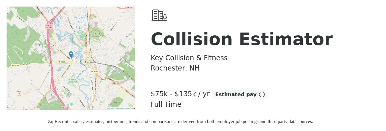 Key Collision & Fitness job posting for a Collision Estimator in Rochester, NH with a salary of $75,000 to $135,000 Yearly with a map of Rochester location.