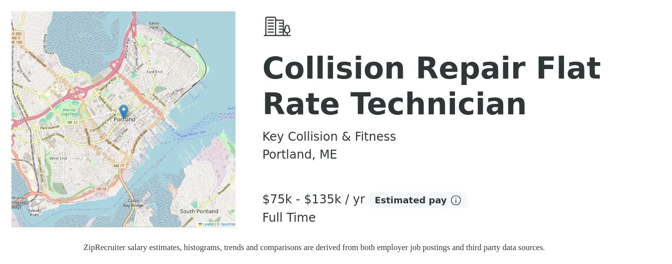 Key Collision & Fitness job posting for a Collision Repair Flat Rate Technician in Portland, ME with a salary of $75,000 to $135,000 Yearly with a map of Portland location.
