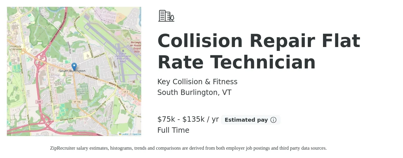 Key Collision & Fitness job posting for a Collision Repair Flat Rate Technician in South Burlington, VT with a salary of $75,000 to $135,000 Yearly with a map of South Burlington location.