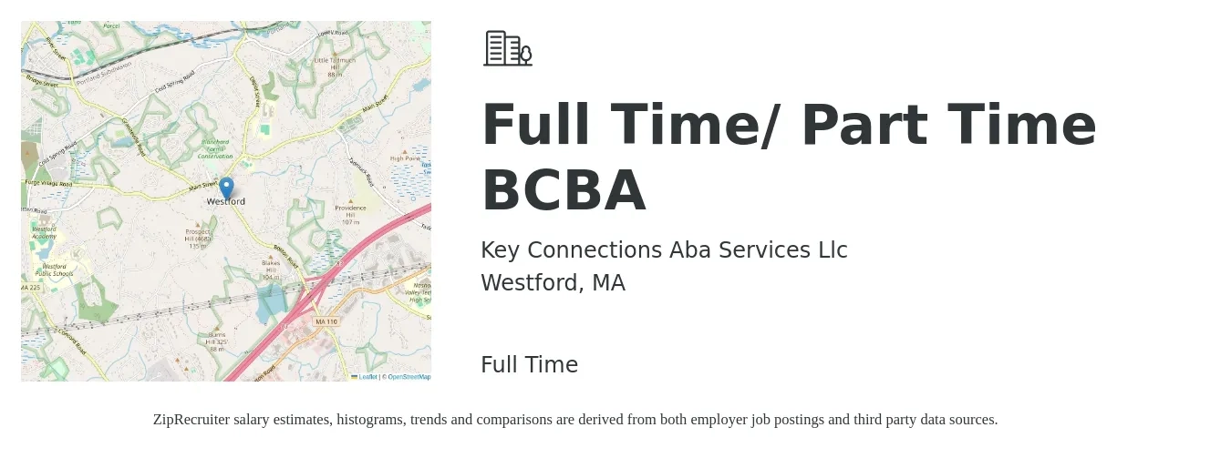Key Connections Aba Services Llc job posting for a Full Time/ Part Time BCBA in Westford, MA with a salary of $76,900 to $94,100 Yearly with a map of Westford location.