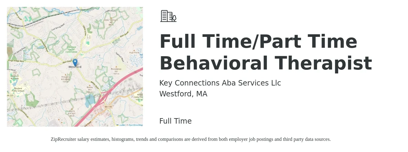 Key Connections Aba Services Llc job posting for a Full Time/Part Time Behavioral Therapist in Westford, MA with a salary of $76,900 to $94,100 Yearly with a map of Westford location.