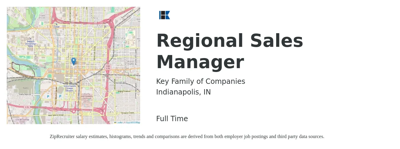 Key Family of Companies job posting for a Regional Sales Manager in Indianapolis, IN with a salary of $68,800 to $107,500 Yearly with a map of Indianapolis location.