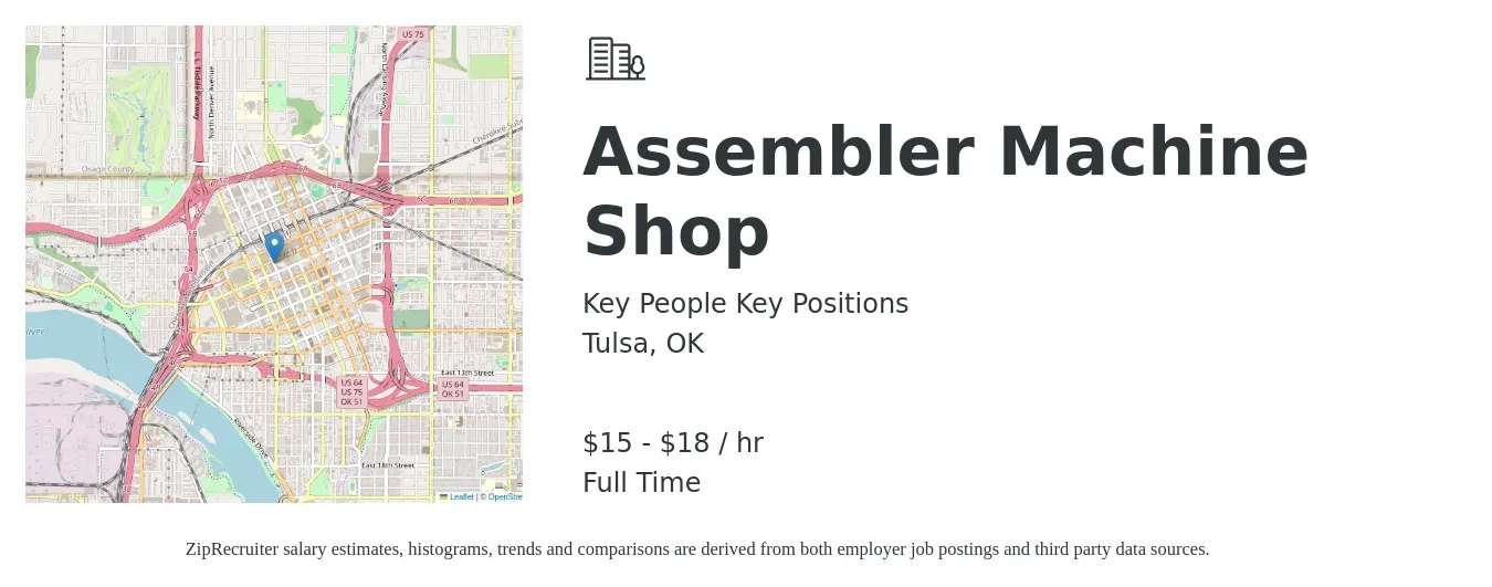 Key People Key Positions job posting for a Assembler Machine Shop in Tulsa, OK with a salary of $16 to $19 Hourly with a map of Tulsa location.
