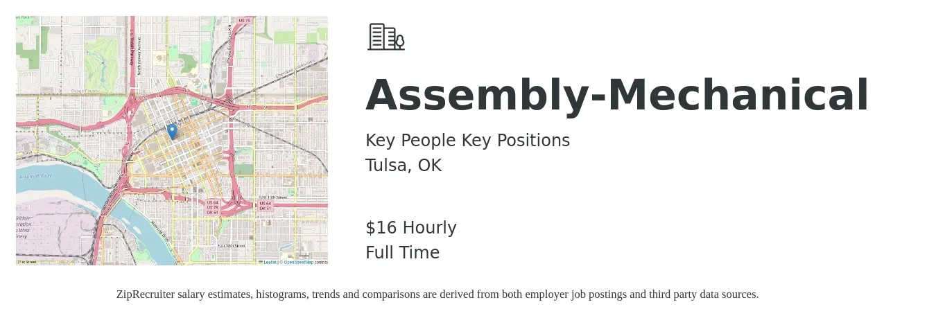 Key People Key Positions job posting for a Assembly-Mechanical in Tulsa, OK with a salary of $18 Hourly with a map of Tulsa location.