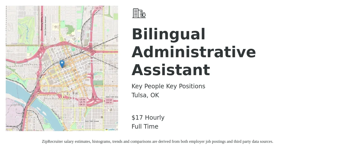 Key People Key Positions job posting for a Bilingual Administrative Assistant in Tulsa, OK with a salary of $18 Hourly with a map of Tulsa location.